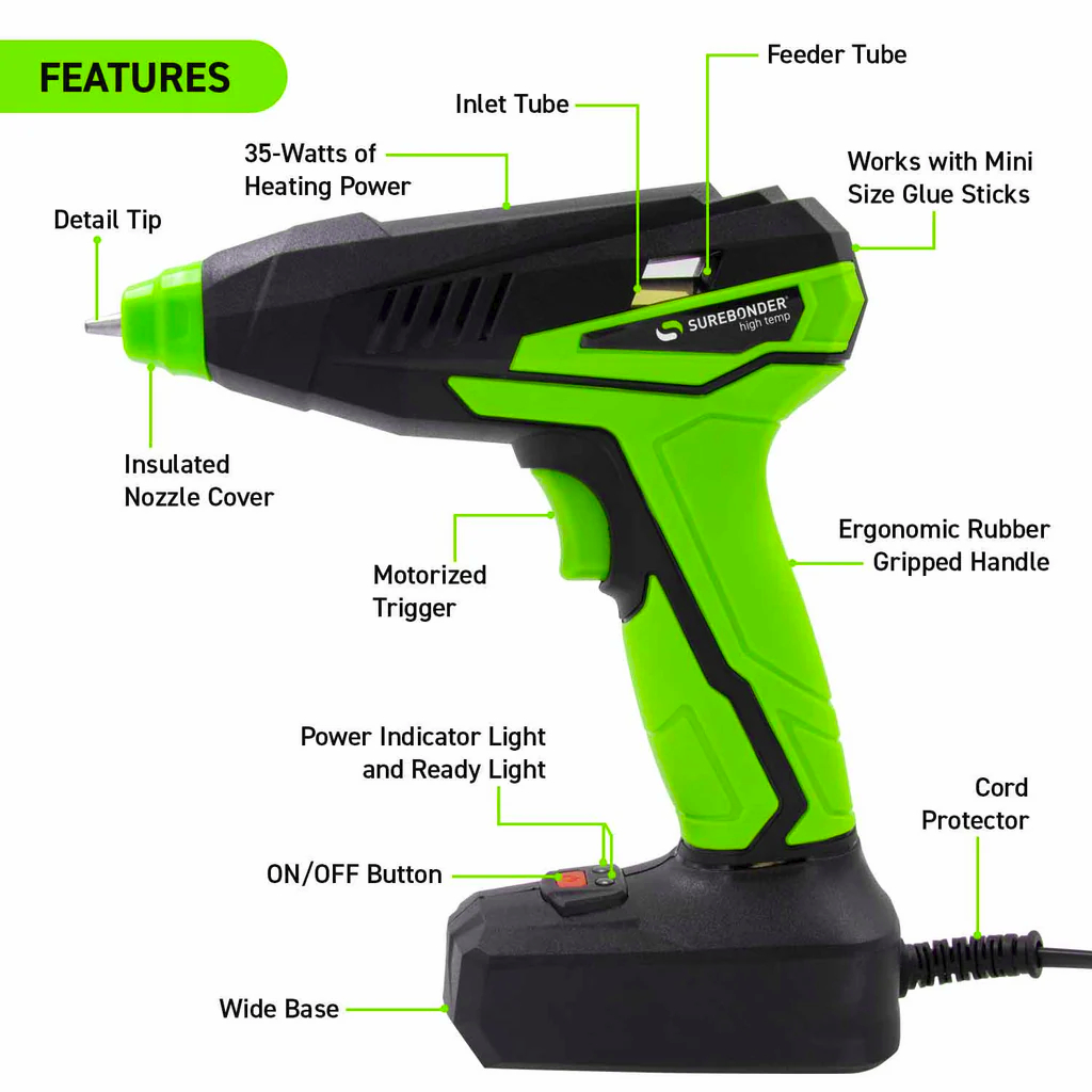 Features Motorized Mini Glue Gun - High Temperature 35 Watt